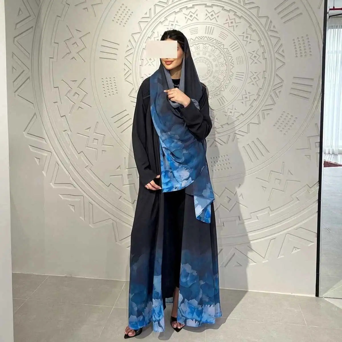 With Hijab Printed Chiffon Cardigan Open Abaya Dress