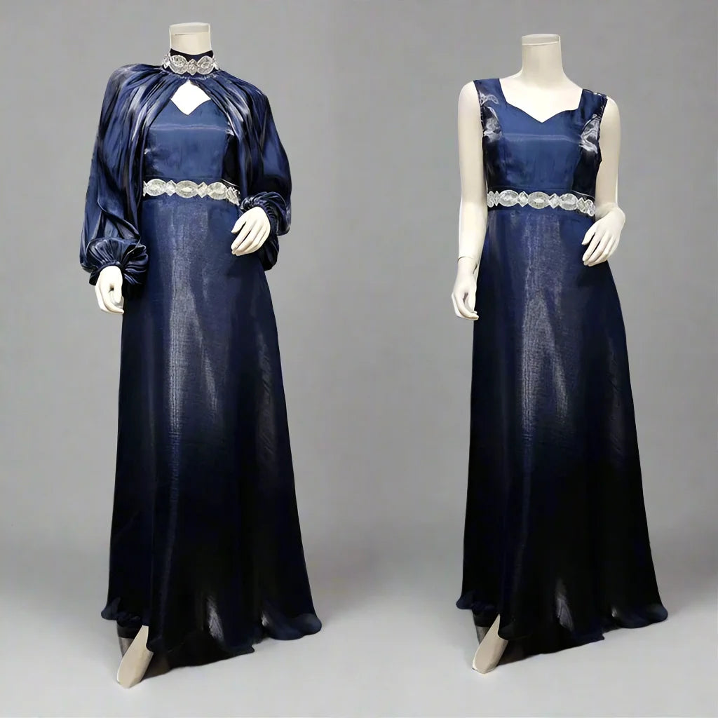 2 Pieces Hotfix Rhinestones Satin Abaya Dress With Inner Sleeveless Slip Dress