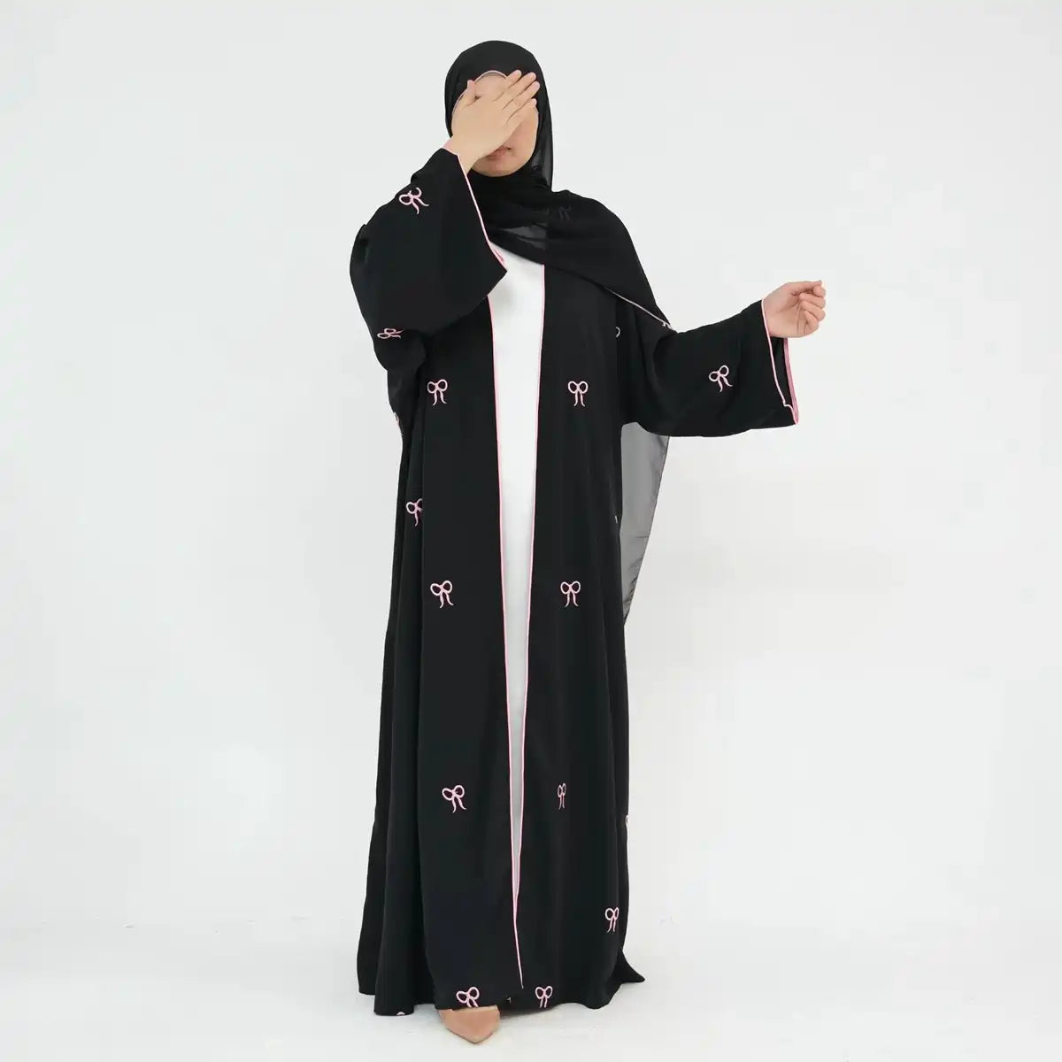 Bow Embroidery Nida Cardigan Open Abaya Dress #24910