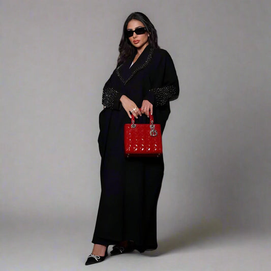 Urgarment Hotfix Rhinestone Cardigan Open Abaya Dress - Black - #25206