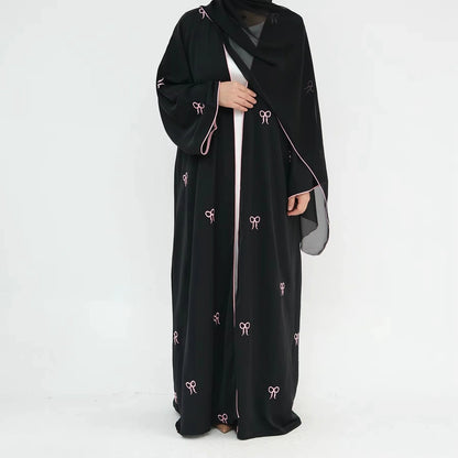 Bow Embroidery Nida Cardigan Open Abaya Dress #24910