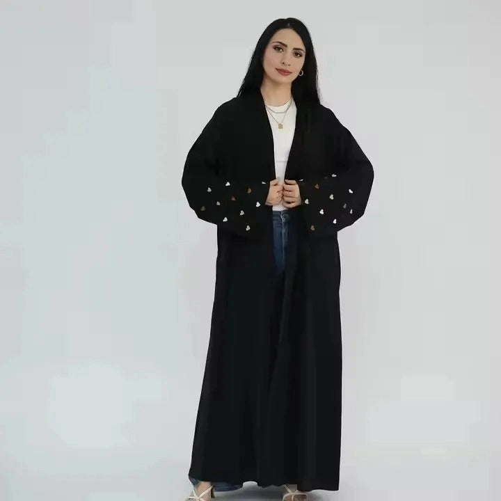 Heart Embroidery Muslim Women Nida Cardigan Open Abaya Dress