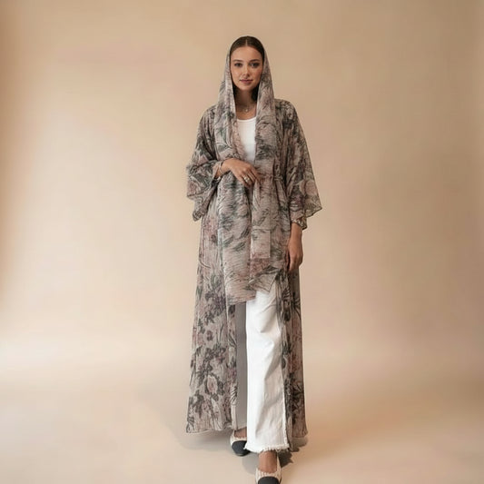 Printed Pleated Open Abaya Dress With Matching Hijab #25231