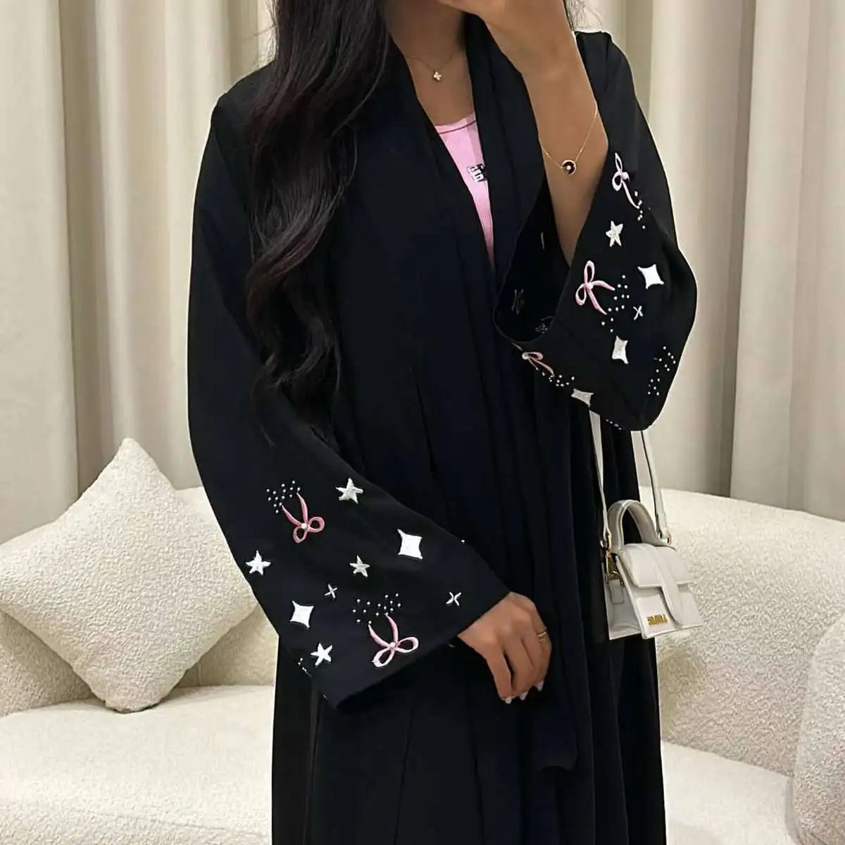 With Hijab Embroidery Cuff Satin Cardigan Open Abaya Dress