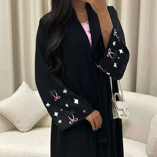 With Hijab Embroidery Cuff Satin Cardigan Open Abaya Dress