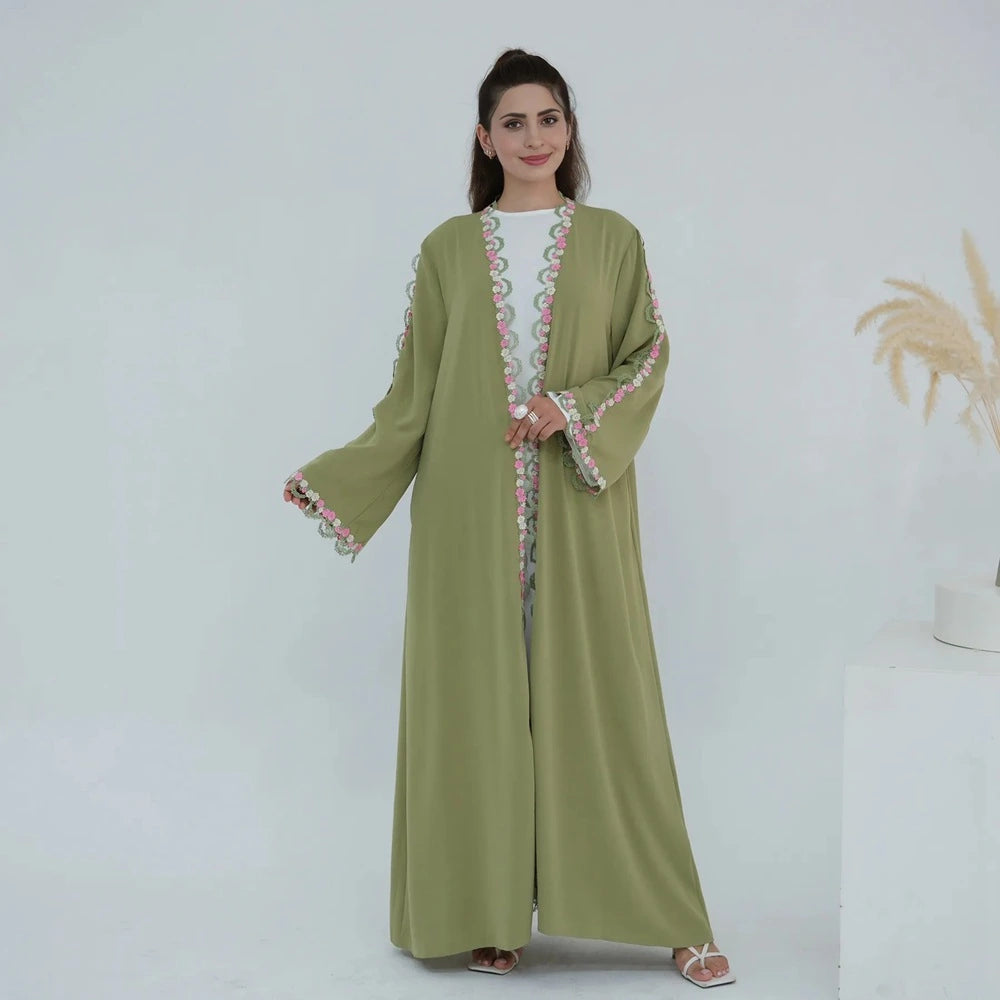 Flower Embroidery Nida Open Abaya Dress #251079