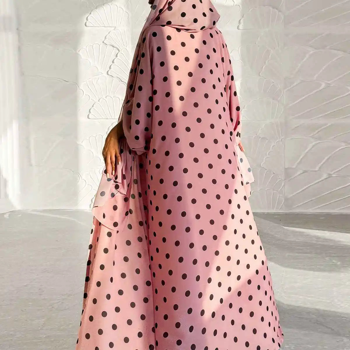 Polka Dot Print Cardigan Open Abaya Dress With Matching Hijab #251119