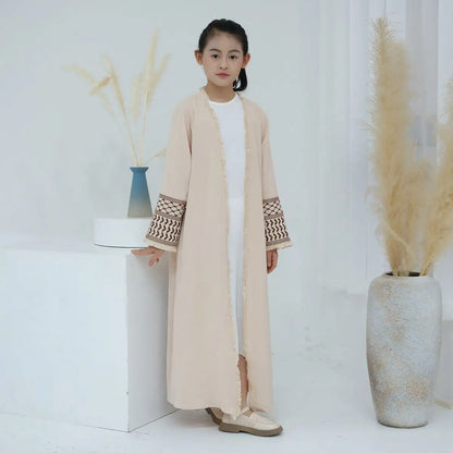 Arab Muslim Mother And Daughter Girl Matching Embroidery Tassel Sleeve Cardigan Open Abaya Dress