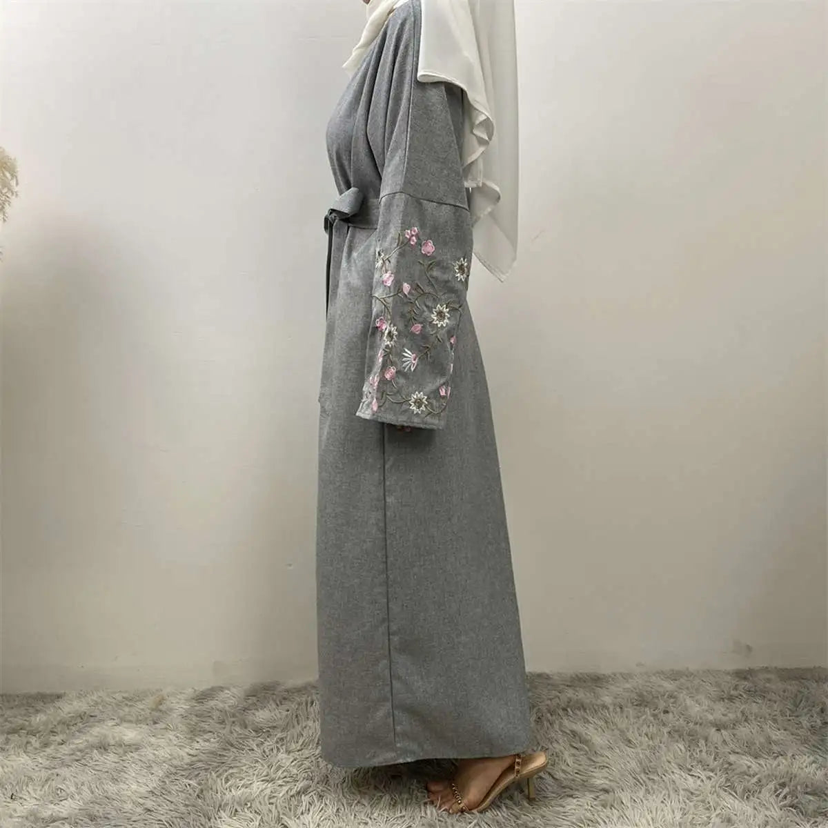 Floral Embroidery Sleeve Open Abaya Dress