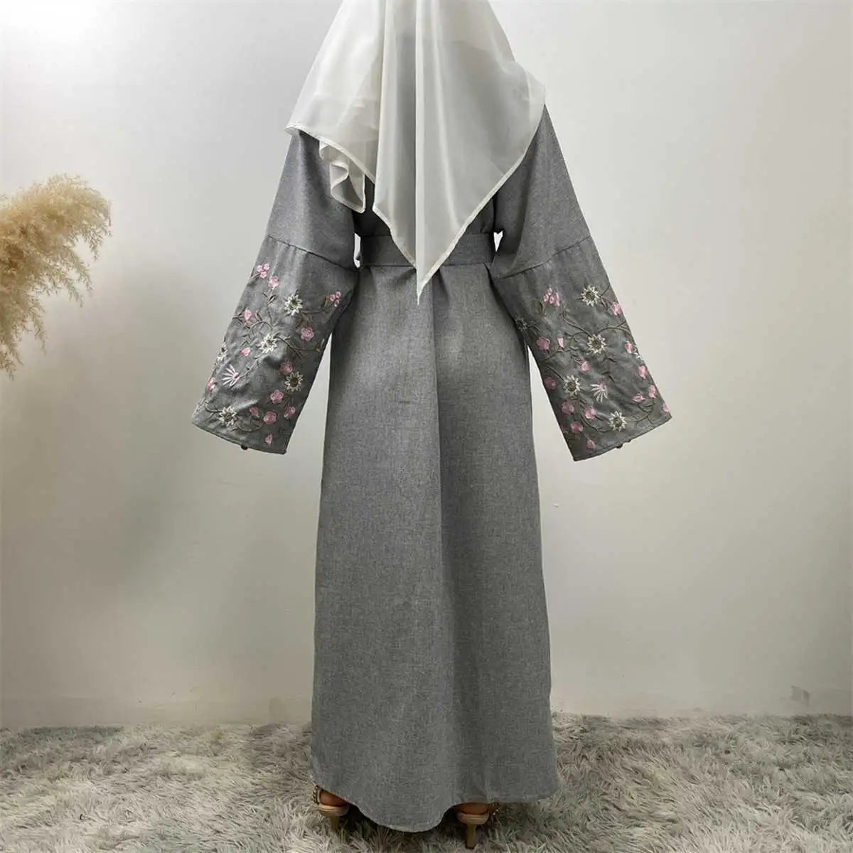 Floral Embroidery Sleeve Open Abaya Dress