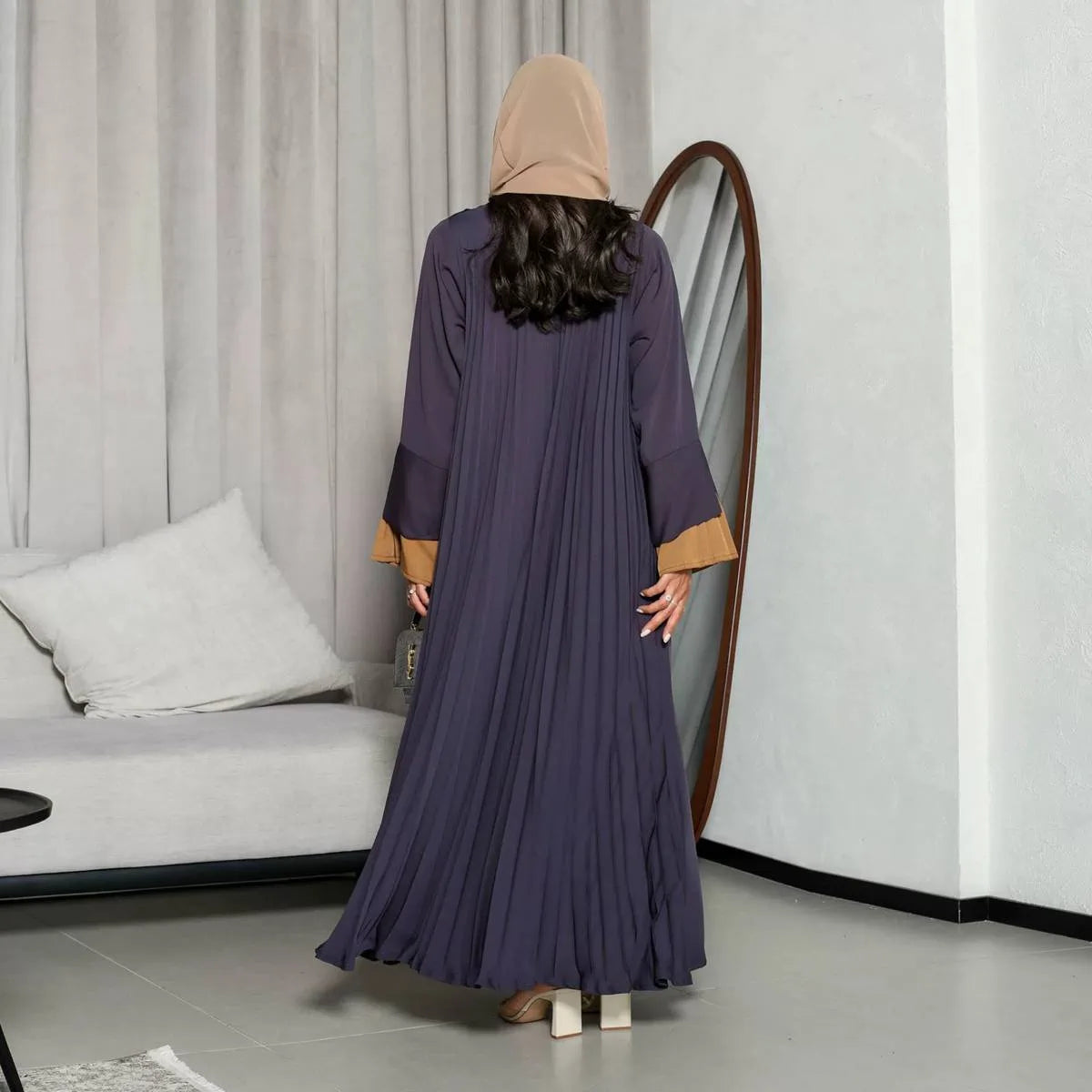 Pleated Velvet Satin Open Abaya Dress #25171