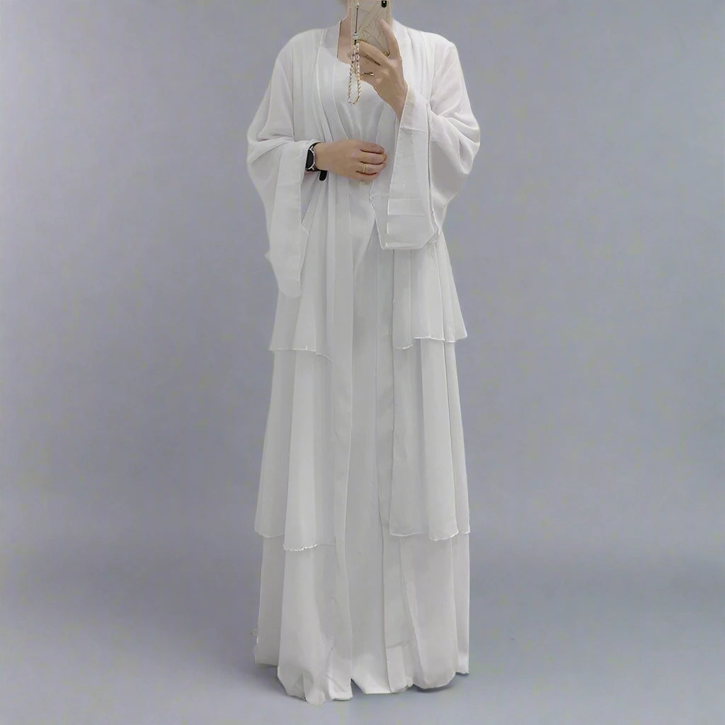 Muslim Women 3 Layer Chiffon Open Abaya Dress With Hijab