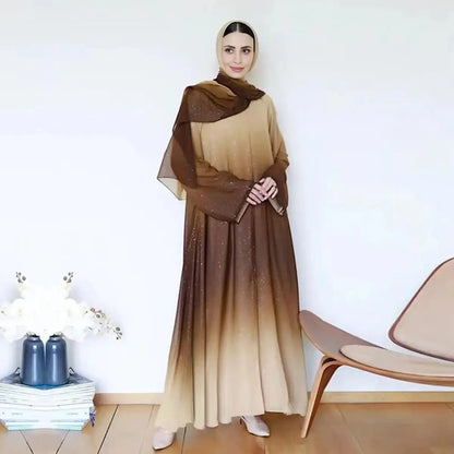 Ombre Gradient Glitter Chiffon Open Abaya Dress With Matching Hijab