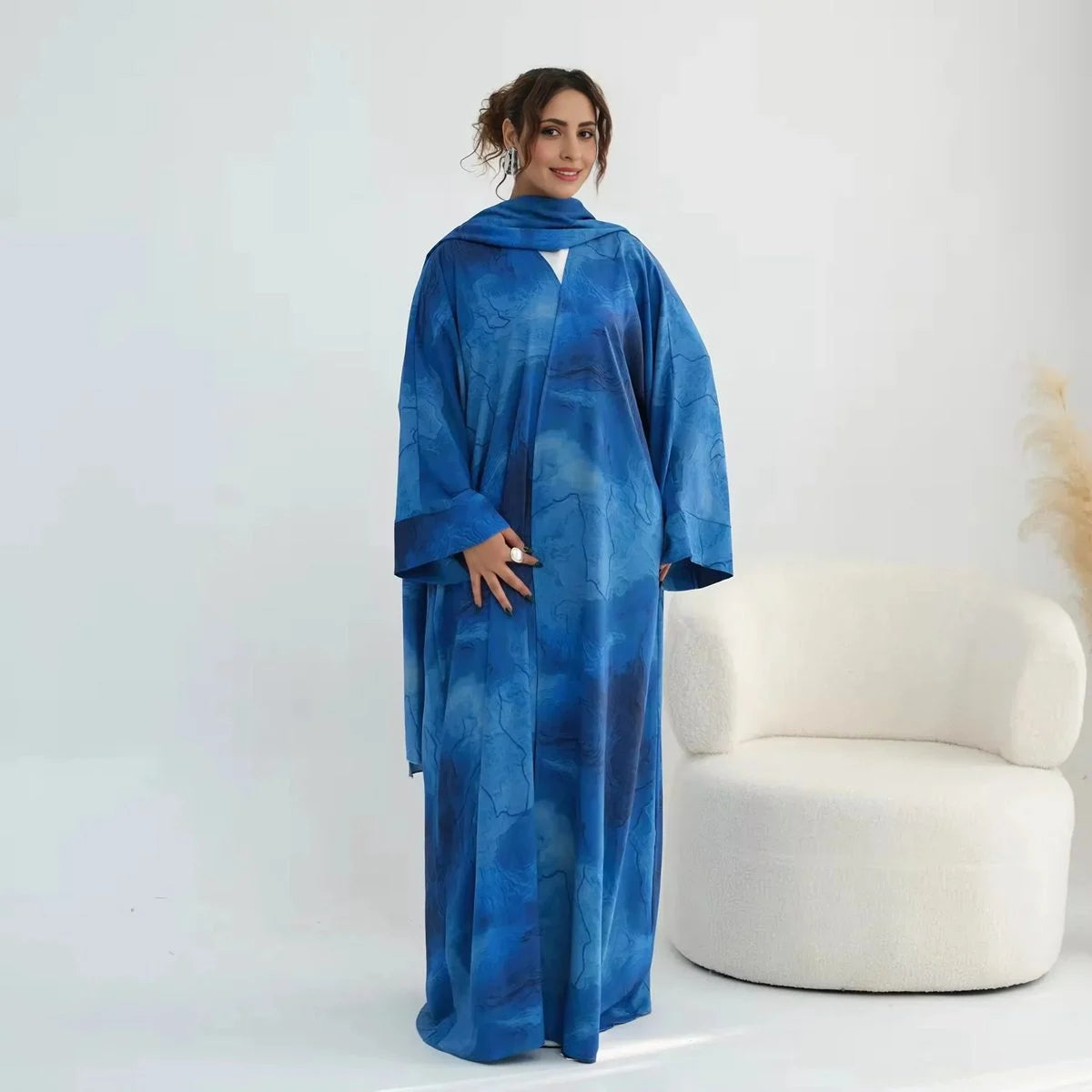 Muslim Women Printed Open Abaya Dress With Matching Hijab #251158