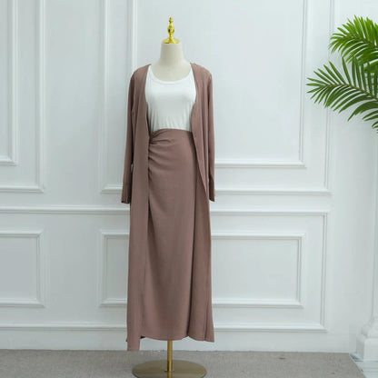 Muslim Women Daily Wear 2 Pieces Set Open Abaya Dress With Skirt #251091