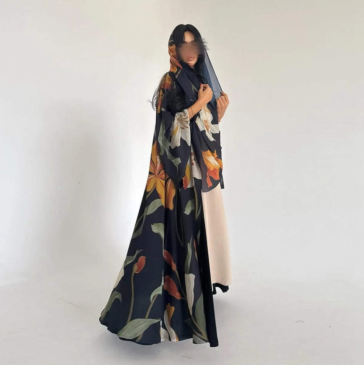 With Matching Hijab Printed Cardigan Open Abaya Dress For Muslim Women #25238
