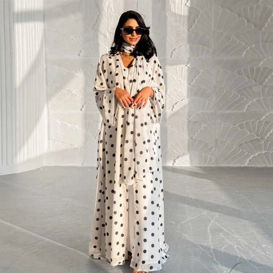 Polka Dot Print Cardigan Open Abaya Dress With Matching Hijab #251119
