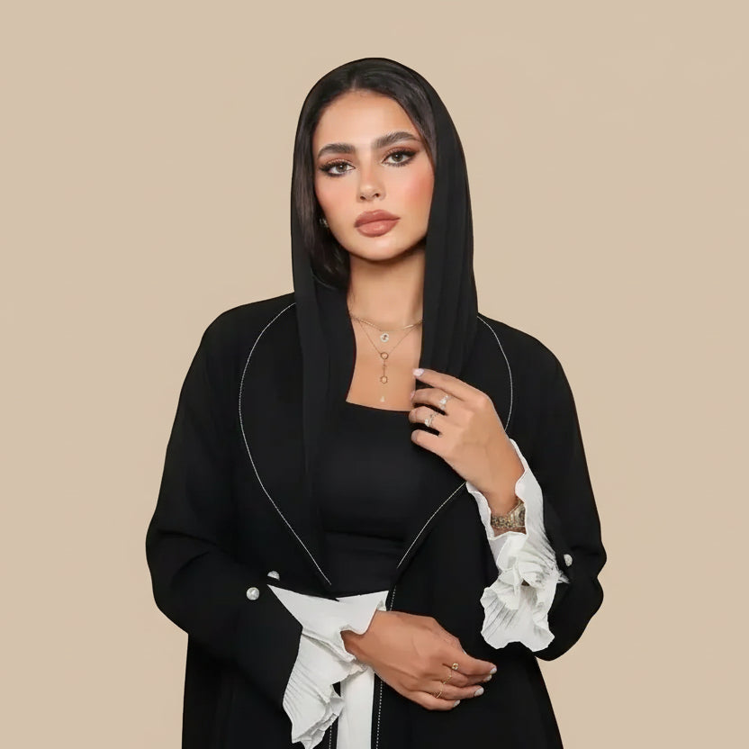 Cardigan Open Abaya Dress - Pleated Sleeve - Black - #25170