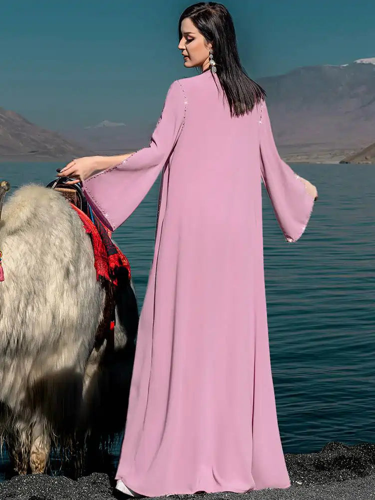 Hand-stitched Rhinestone Beads Cardigan Open Abaya Dress #254078