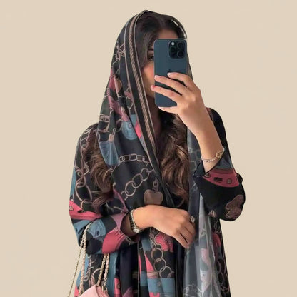 Printed Cardigan Open Abaya Dress With Matching Hijab For Muslim Women #25234