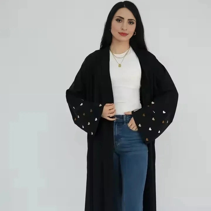 Heart Embroidery Muslim Women Nida Cardigan Open Abaya Dress