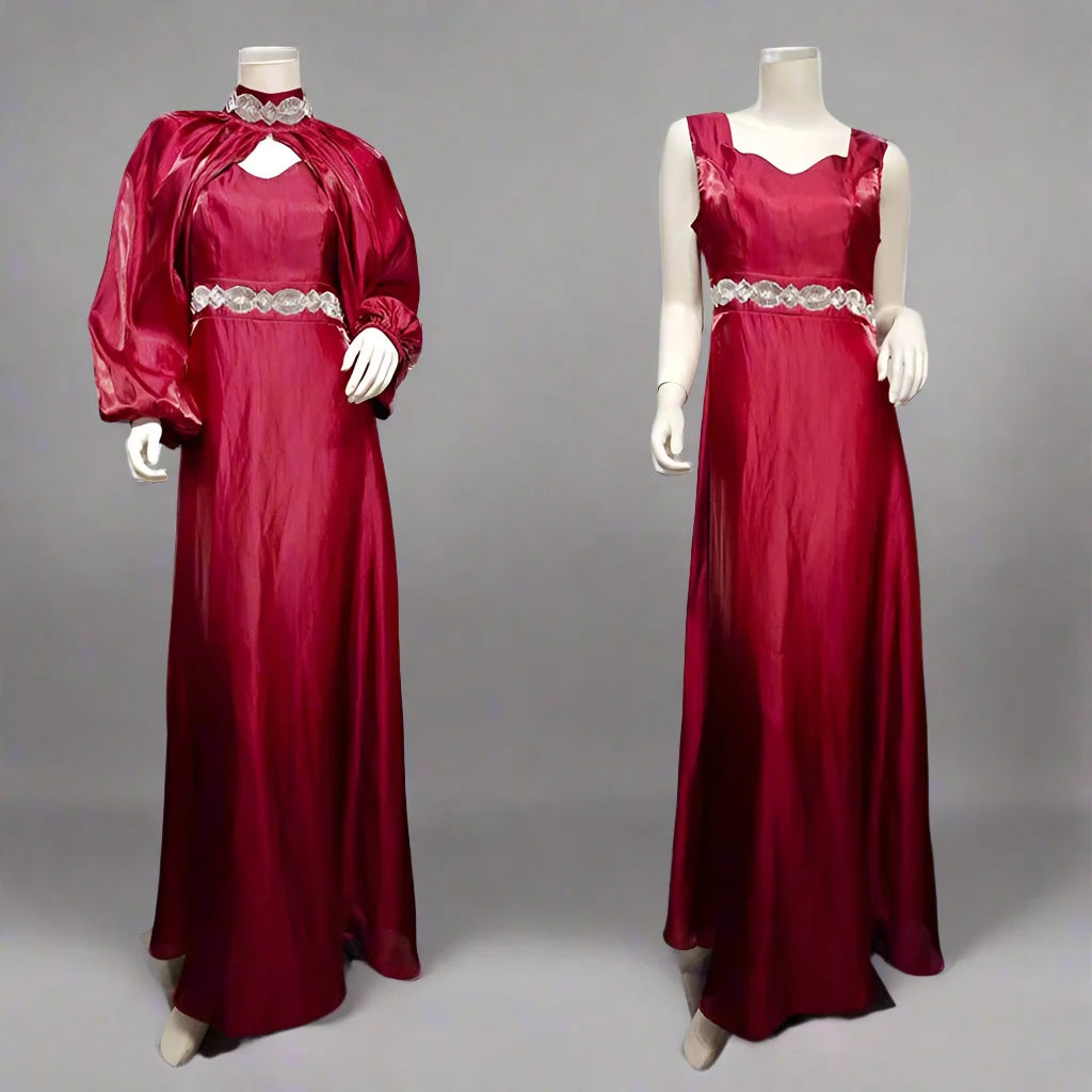 2 Pieces Hotfix Rhinestones Satin Abaya Dress With Inner Sleeveless Slip Dress