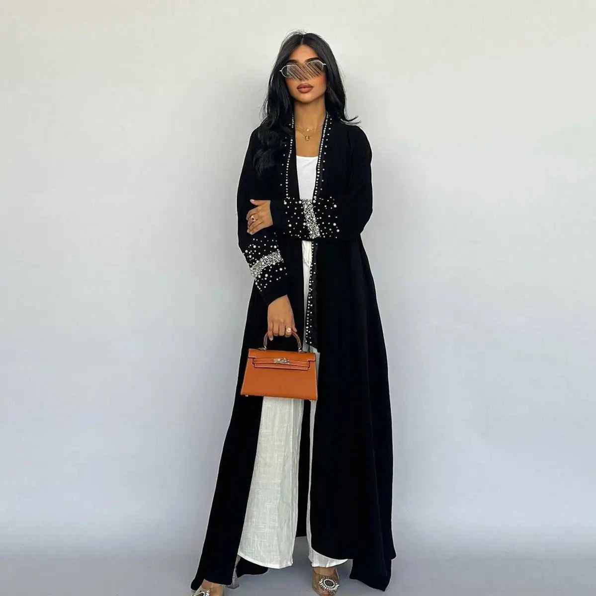 With Hijab Hotfix Rhinestone Beads Cardigan Open Abaya Dress