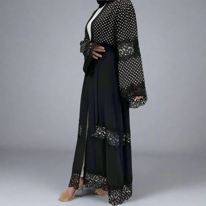 Fashion Lace Polka Dot Cardigan Open Abaya Dress