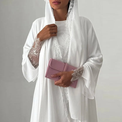 2 Pieces Set Lace Cardigan Open Abaya Dress With Matching Hijab #25221