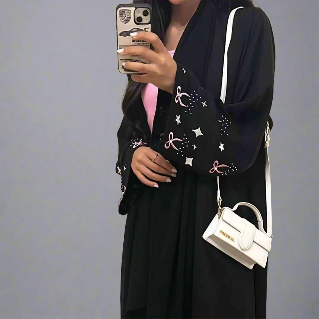 With Hijab Embroidery Cuff Satin Cardigan Open Abaya Dress