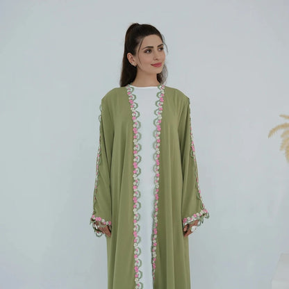 Flower Embroidery Nida Open Abaya Dress #251079