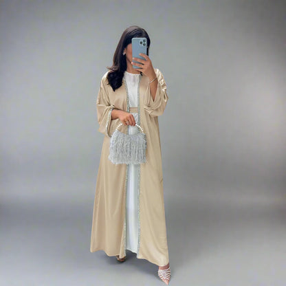 Hotfix Rhinestone Soft Light Satin Cardigan Open Abaya Dress