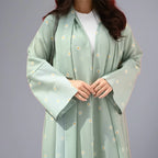 Light Green Flower Printed Cardigan Open Abaya Dress