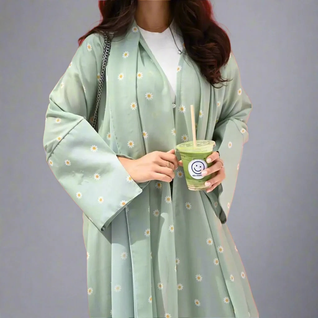 Light Green Flower Printed Cardigan Open Abaya Dress