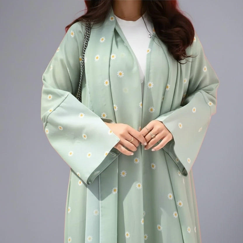 Light Green Flower Printed Cardigan Open Abaya Dress