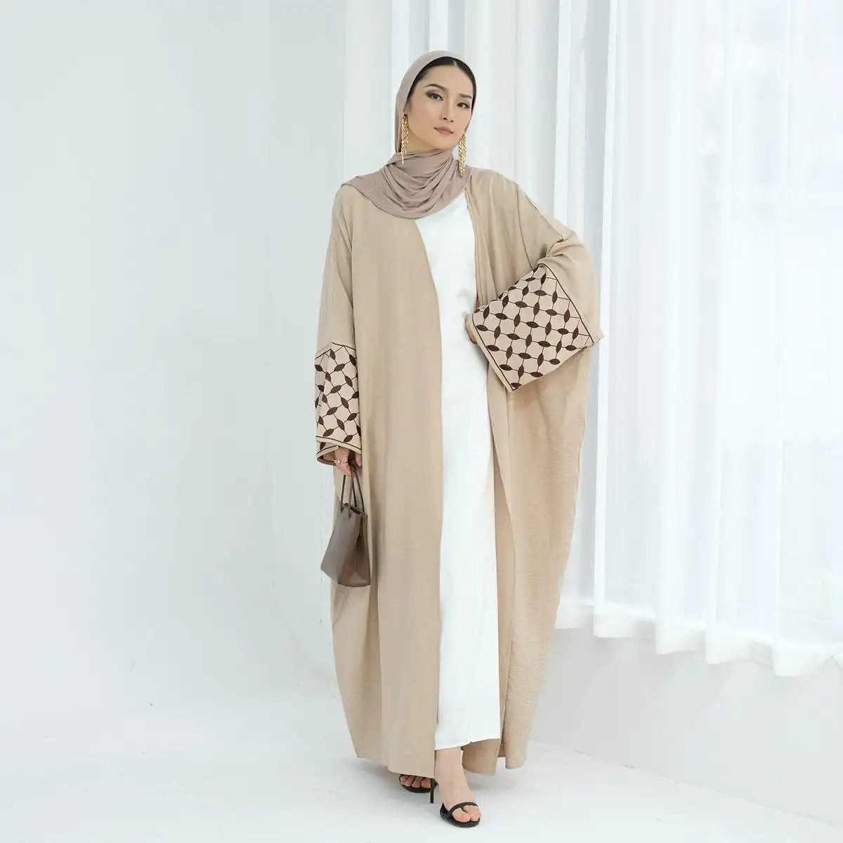 Wrinkle Belted Cardigan Open Abaya Dress