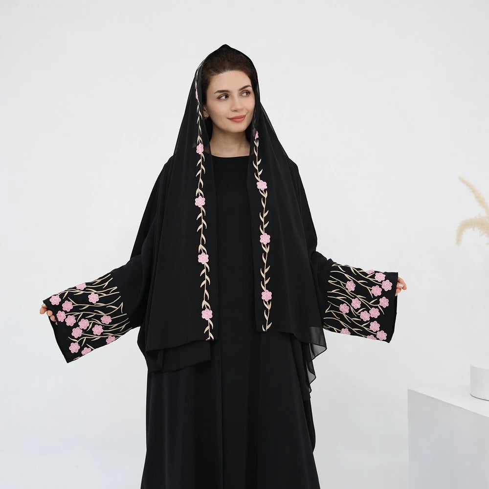 Nida Embroidery Sleeve Open Abaya Dress With Matching Hijab #251051
