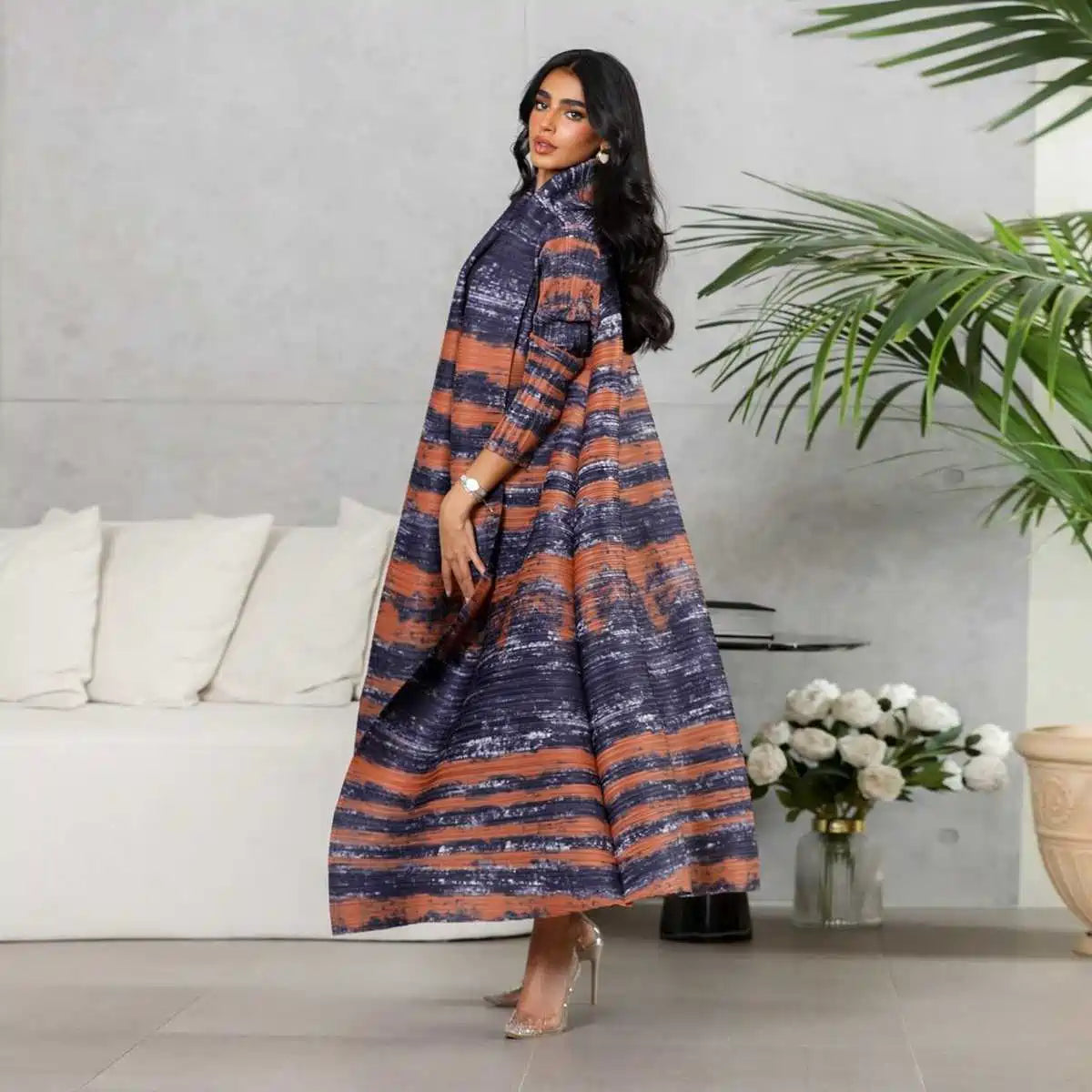 Pleated Sleeve Printed Cardigan Open Abaya Dress #25175