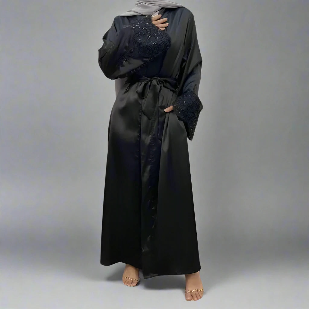 Satin Embroidery Sleeve Open Abaya Dress For Muslim Women