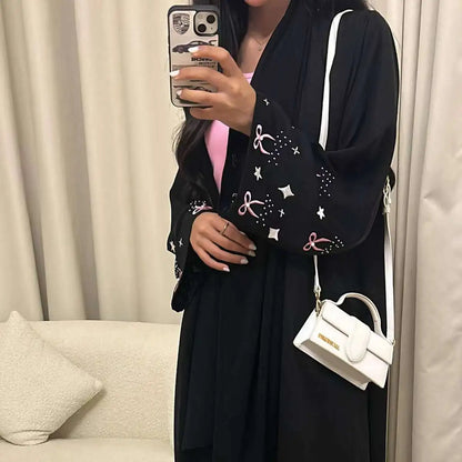 With Hijab Embroidery Cuff Satin Cardigan Open Abaya Dress