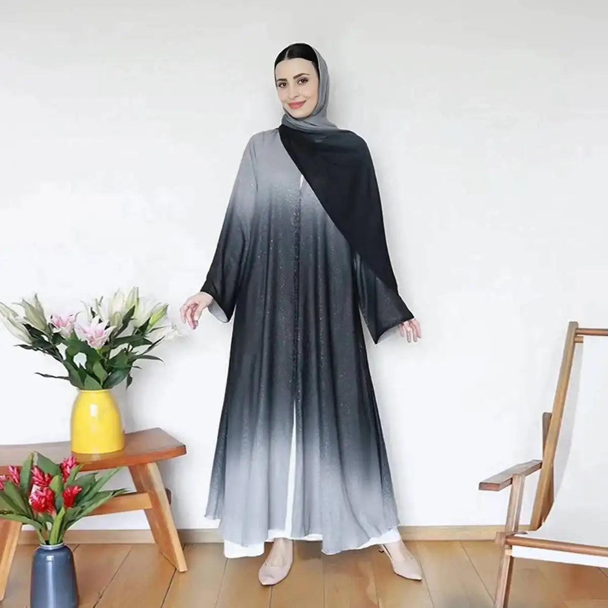 Ombre Gradient Glitter Chiffon Open Abaya Dress With Matching Hijab