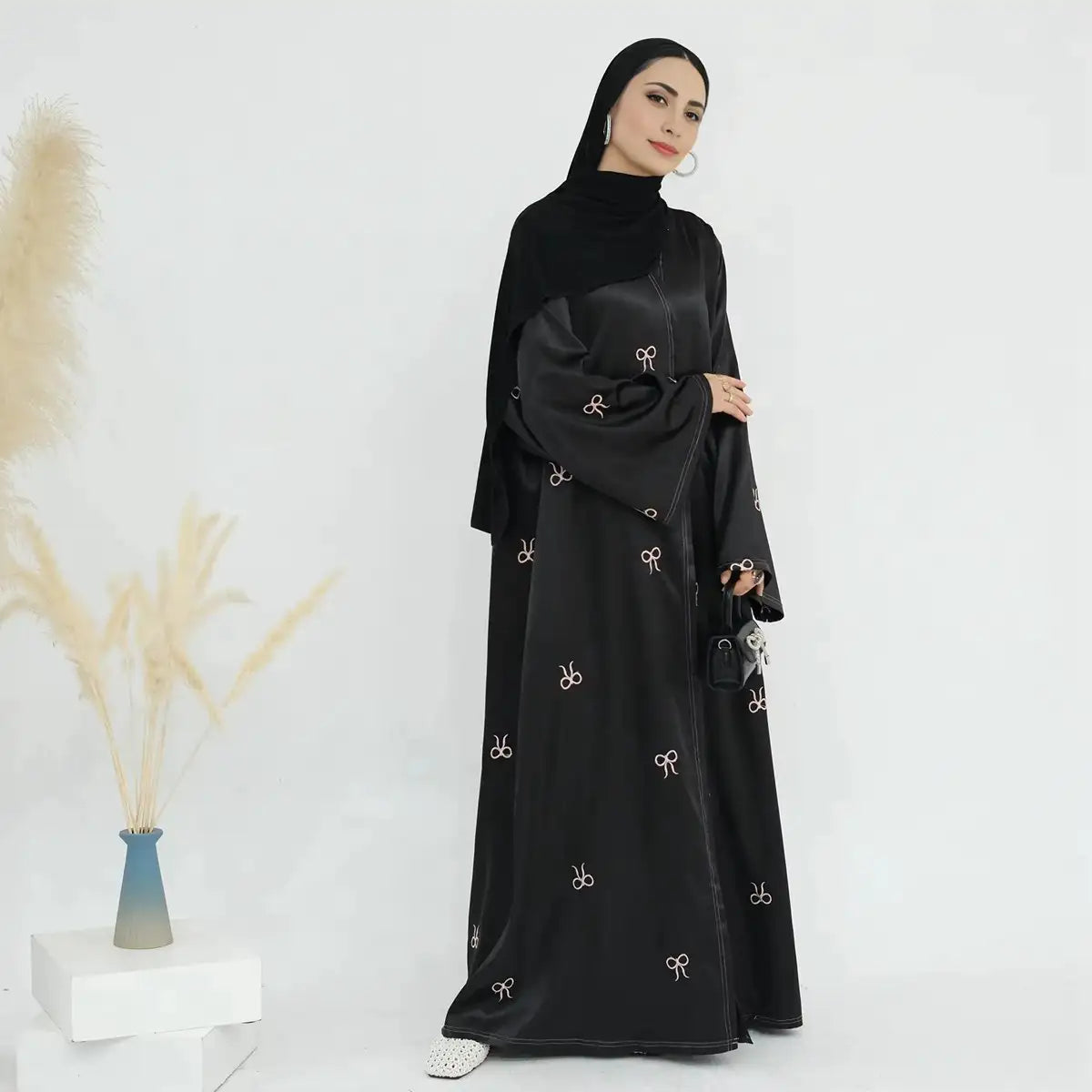 Bow Embroidery Nida Cardigan Open Abaya Dress #24910