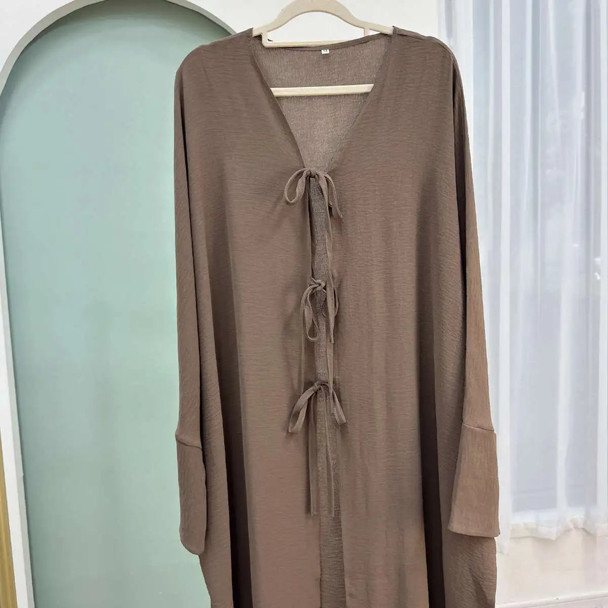 Wrinkle Belted Cardigan Open Abaya Dress