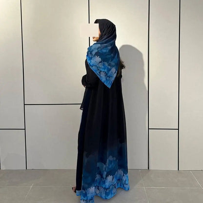 With Hijab Printed Chiffon Cardigan Open Abaya Dress