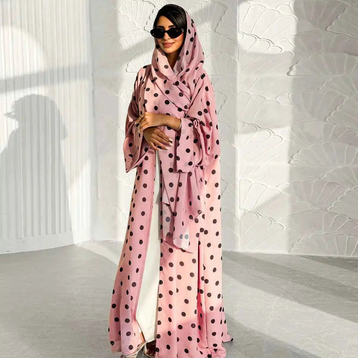 Polka Dot Print Cardigan Open Abaya Dress With Matching Hijab #251119