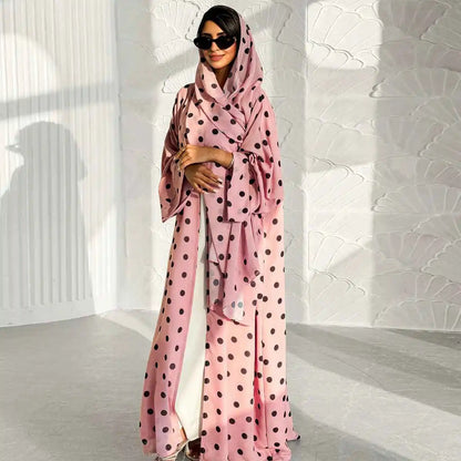 Polka Dot Print Cardigan Open Abaya Dress With Matching Hijab #251119