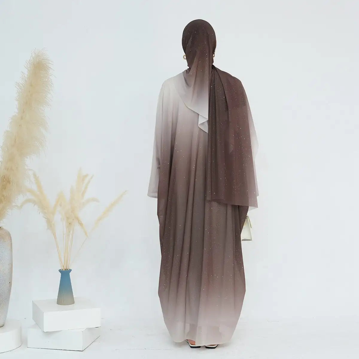 Glitter Gradient Color Open Abaya Dress With Glitter Hijab #24840 - S / Coffee Glitter Gradient Color Open Abaya Dress With Glitter Hijab #24840 - S / Coffee