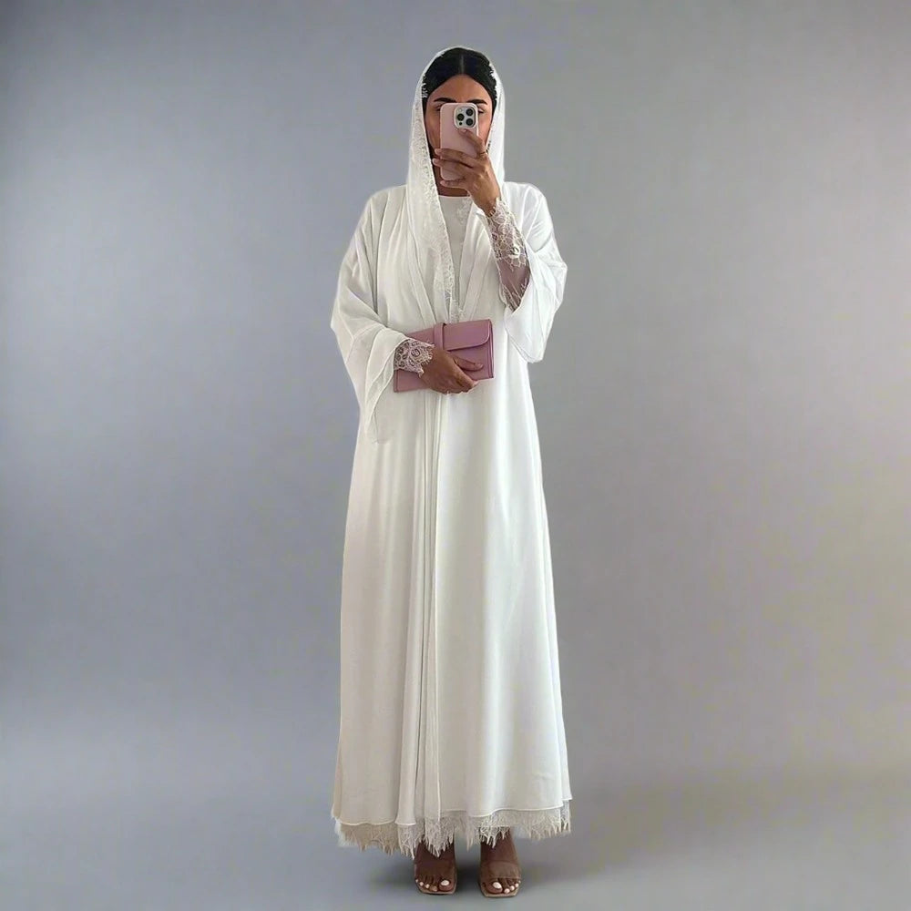 2 Pieces Set Lace Cardigan Open Abaya Dress With Matching Hijab #25221