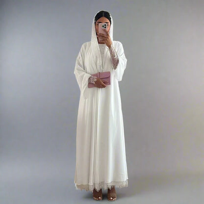 2 Pieces Set Lace Cardigan Open Abaya Dress With Matching Hijab #25221