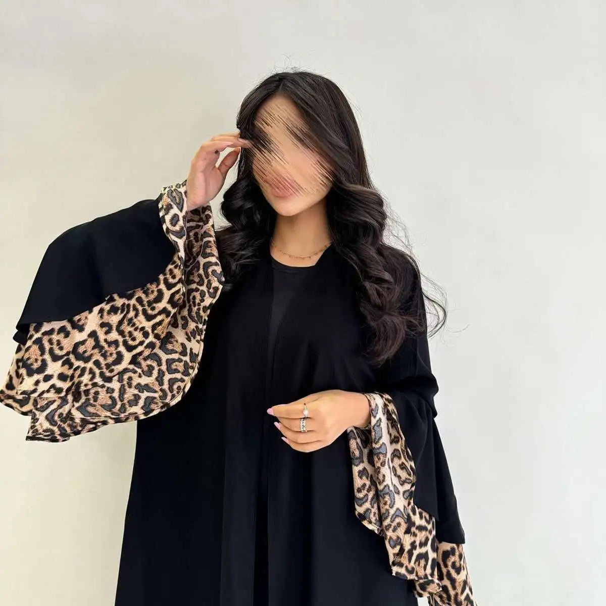 Leopard Print Cuff Cardigan Open Abaya Dress